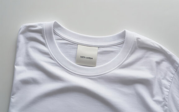 Close Up of a White Cotton T-Shirt with a Label Displaying 100% Cotton Against a Neutral Backdrop