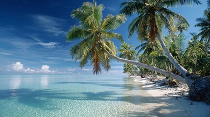 A tropical beach with palm trees leaning over turquoise water under a clear blue sky