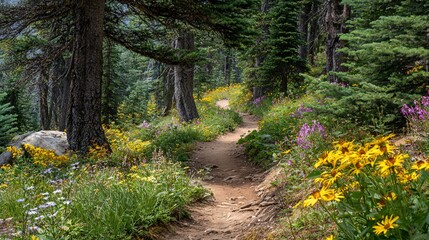 A winding mountain trail surrounded by pine forests and wildflowers, scenic summer hike