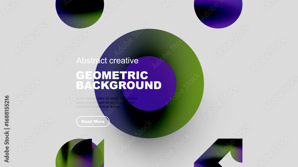 Poster abstract geometric background features colorful overlapping circles, text, button. modern design, vi