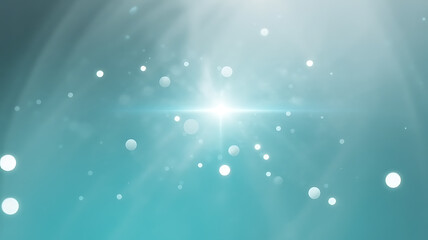 A soft blue and teal background features a bright, ethereal light with scattered bokeh circles.