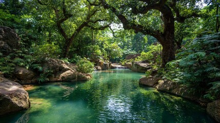 A hidden jungle lagoon with emerald green waters surrounded by dense foliage