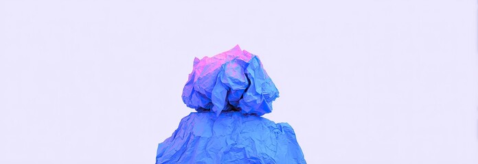 Crumpled paper sculpture, vibrant blue and pink hues, against a light background