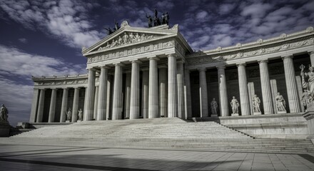 Obraz premium Imposing Neoclassical Monument with Fluted Columns, Rooftop Statues, and a Grand Staircase Under a Cloudy Blue Sky, Highlighting Intricate Architectural Details