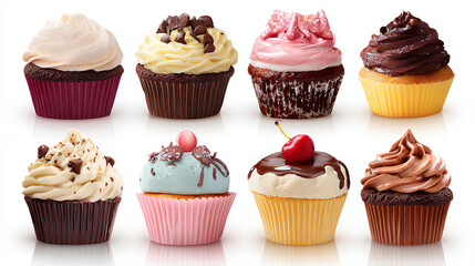 Assorted Decorated Cupcakes, isolated on white background Stock Illustration