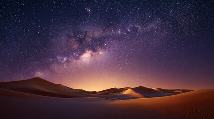 A starlit desert night sky with the Milky Way above sand dunes