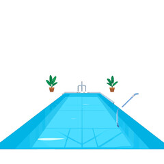 Pixelated Pool in Outdoor Setting with Plant Decorations Blue Water and White Ladder Minimalist Design Bright Lighting