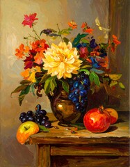 Still life painting of flowers and fruit
