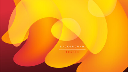 Abstract fluid shapes blend, creating vibrant orange, yellow gradients. Design features text overlay on dark background.