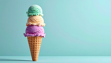 Indulge in a delightful triple scoop ice cream cone with vibrant pastel flavors, perfect for summer refreshment and sweet treat promotions.