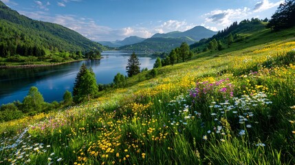 A meadow on a hillside overlooking a calm blue lake