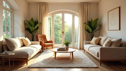 Serene living room in a peaceful mediation home, ideal for relaxation and inner peace Soft lighting, comfortable seating, and calming decor create a tranquil atmosphere , balance, soothing, comfort