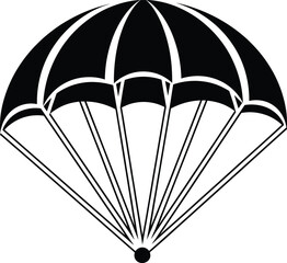 Parachute vector illustration, black and white sketch, segmented canopy design, suspension lines graphic, skydiving equipment icon, emergency landing tool, isolated silhouette