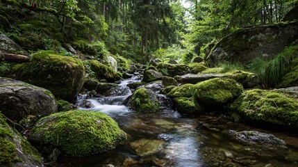 A small stream flowing over mossy rocks in a forest