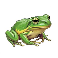 Obraz premium A green tree frog with yellow markings sitting on a white background, isolated