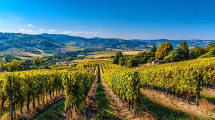 Fototapeta premium A panoramic vineyard landscape under sunny blue sky