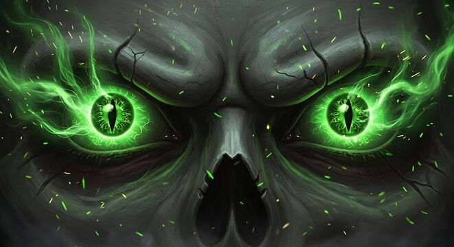 Glowing green eyes in dark fantasy skull face