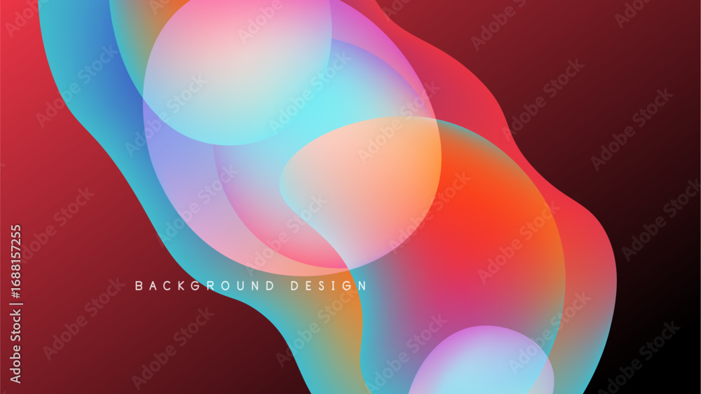Poster Abstract fluid shapes overlap, creating vibrant color gradients. Background is dark red, design feels modern, dynamic.