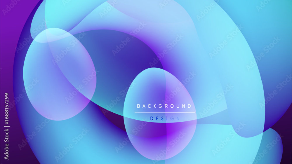 Poster abstract fluid shapes overlap, creating vibrant blue, purple gradients. dark background emphasizes g