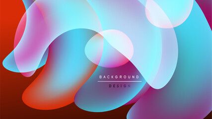 Abstract fluid shapes overlap, creating vibrant color gradients. Background is black, design features blues, pinks, purples.