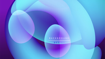 Abstract fluid shapes overlap, creating vibrant blue, purple gradients. Dark background emphasizes glowing forms, modern design element.