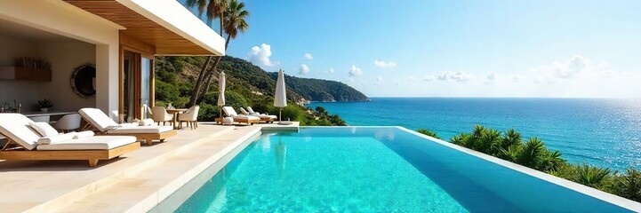 Luxurious villa with private pool, stunning ocean views, and expansive outdoor terrace perfect for al fresco dining and relaxation , property, view, holidays
