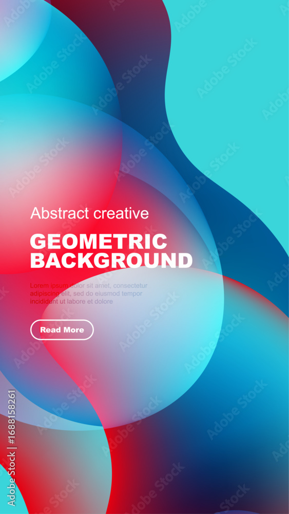 Poster Abstract geometric background features vibrant overlapping shapes, text, button. Modern design with blue, red gradients on black canvas.