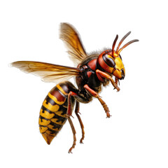 Close Up Of A European Hornet In Flight Against A Black Background Detailed View Of Insect Wings Body And Antennae Showing Yellow Black And Red