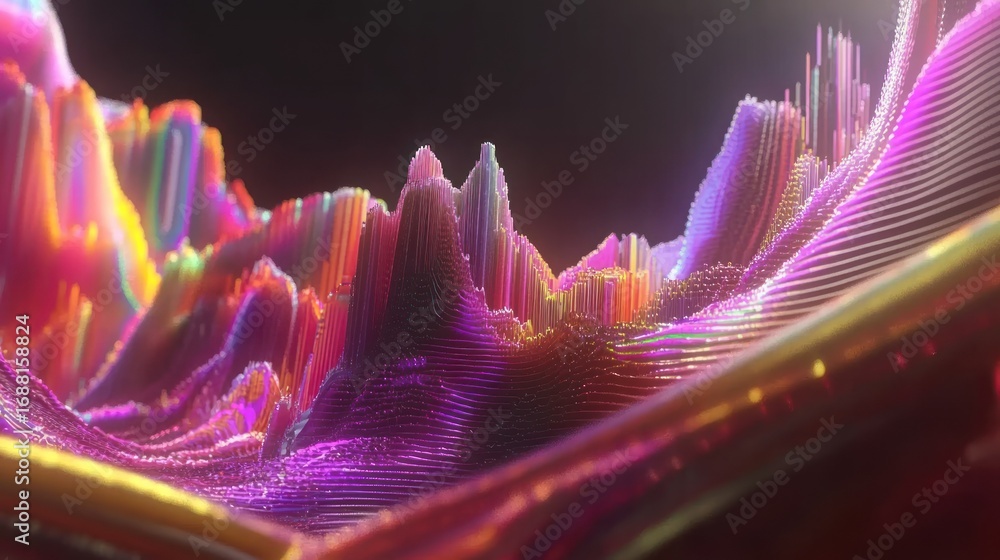 Poster abstract digital landscape with vibrant colors and layered structures creating dynamic textures