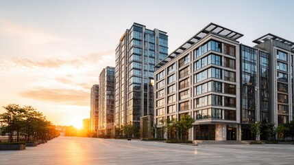Modern apartment buildings at sunrise