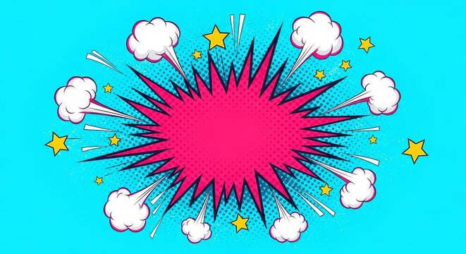 Comic book style explosion with pink starburst and yellow stars on a bright blue background - Powered by Adobe