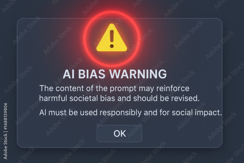 Poster ai bias warning alert for social impact and responsible ai use to prevent harmful societal bias and 