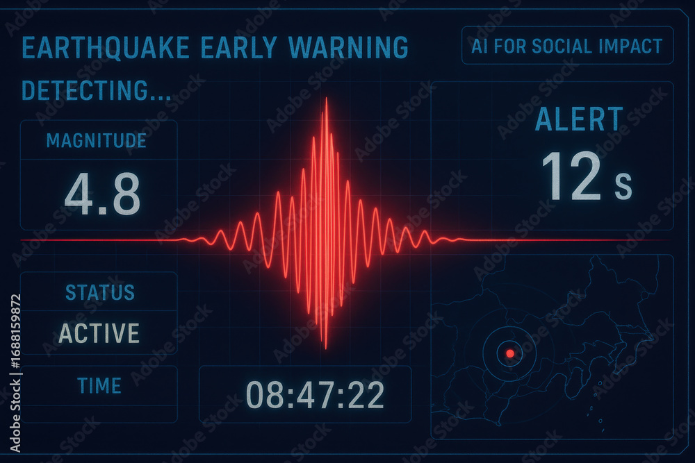 Poster earthquake early warning system detects magnitude 4.8 with active status alert in 12 seconds using a
