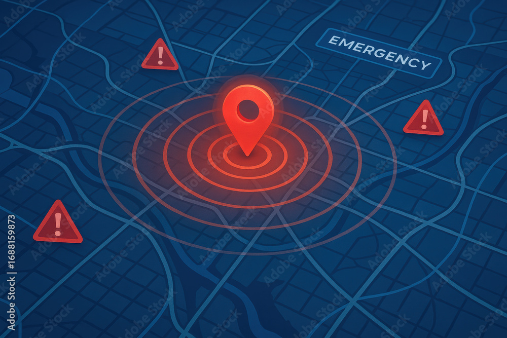 Poster emergency alert concept with red location pin and warning signs on dark map background for social im