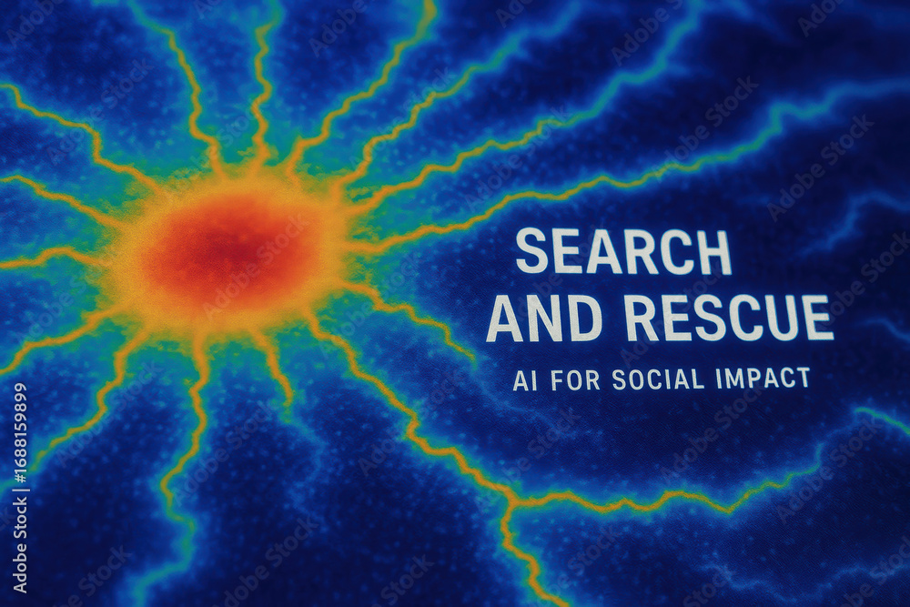 Poster search and rescue concept with ai for social impact highlighted on heat map style background represe