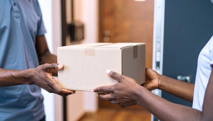 The Package Delivery. A close-up, ultra-realistic photograph focusing on a person's hands receiving a generic, plain brown cardboard package from an anonymous delivery person in a simple uniform.