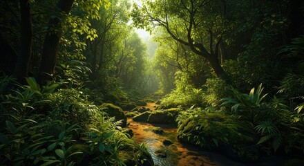 Obraz premium Lush jungle landscape featuring a tiered waterfall cascading through a dense forest, sunlight filtering through the canopy