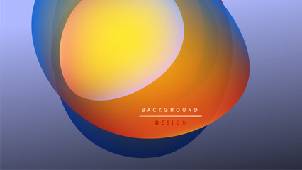 Abstract design features layered colorful circles. Gradient blends yellow, orange, blue hues. Minimalist style, dark background creates contrast.