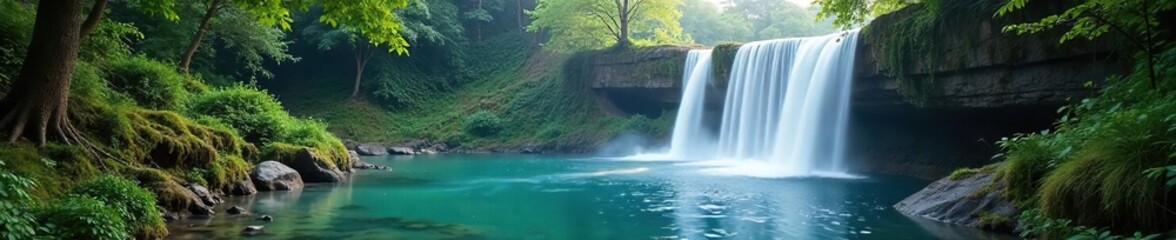 Fototapeta premium Serene waterfall cascading into a tranquil pool, surrounded by lush greenery and mist Perfect for relaxation, meditation, and nature themes , peace, revitalizing, spa