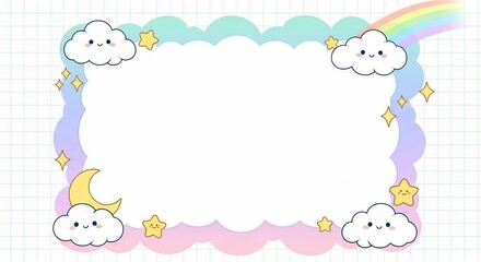 Cute kawaii frame with clouds, moon, stars, and rainbow on a pastel background