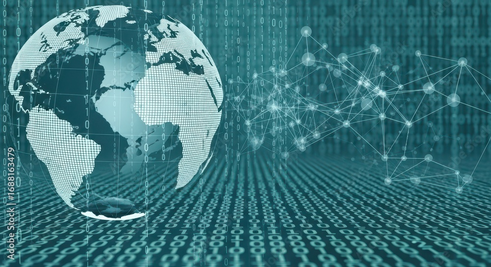 Poster digital earth global network connection visualizing worldwide data flow and technological advancemen