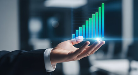 Digital Business Growth: Hand Presenting a Futuristic Glowing Bar Chart, Symbolizing Success, Data Analysis, and Technological Innovation in a Corp...