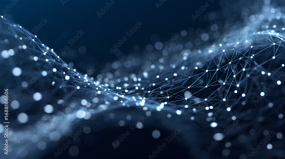 Poster digital network background with white dots and lines on a blue background