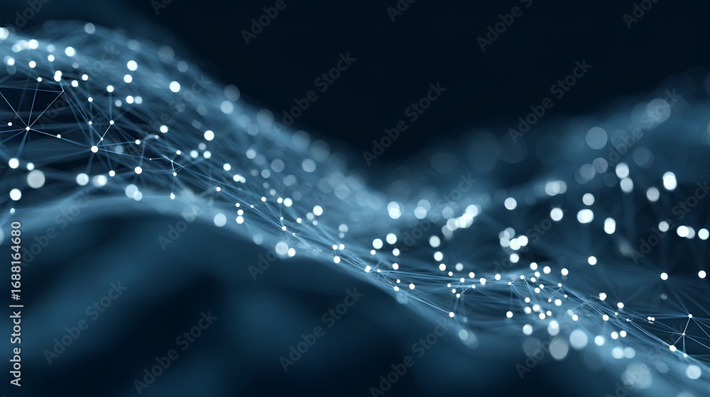 Poster digital network background with white dots and lines on a blue background