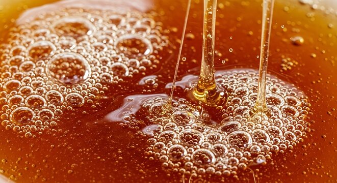 Amber nectar cascade, flowing honey with glistening bubble formation