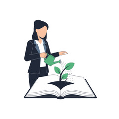 Woman in Dark Suit Waters Sprout from Open Book with Light Background Academic Growth Concept