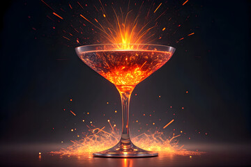 High-res vibrant martini glass with fiery orange and red flames, dramatic lighting, dark background, glossy reflective surface, cinematic digital art JPG file