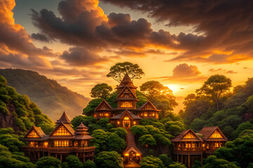 Fototapeta premium Detailed sunset landscape with lush green forest and mystical Japanese temple village, vibrant colors, intricate architecture, serene cinematic JPG file