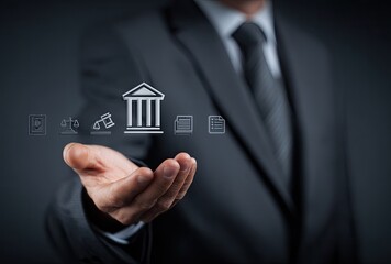 Businessman's open hand holds legal icons