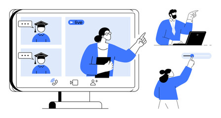 Speaker engaging in live video call with participants, educator guiding learners, and a person adjusting elements. Ideal for education, remote work, webinars, communication, collaboration, training